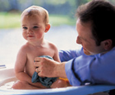 Dad Bathes Baby with Warm Water